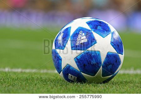 Kyiv, Ukraine - August 28, 2018: Official Uefa Champions League 2018/19 Season Match Ball On The Gra