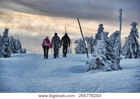 People Walk In Snowy Winter Mountains Country, Krkonose, Freezing Weather