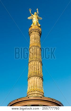 The Victory Column (siegessaule) In Berlin Tiergarten On Blue Sky Berlin, Germany.
