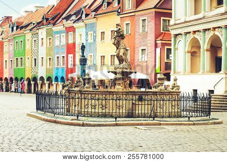 Proserpine Fountain Xviiic And Medieval Houses On The Central Market Square In Poznan, Polandpoznan,