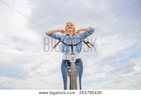 Bicycling Hobby And Best Way To Relax And Reduce Stress. Girl Relaxed And Free Sit On Bike. Top Ment