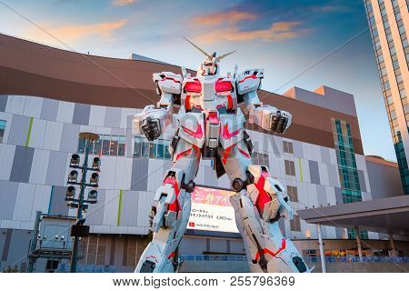 Tokyo, Japan - April 20 2018: Full-size Mobile Suit  Rx-0 Unicorn Gundam Replica From The Mobile Sui