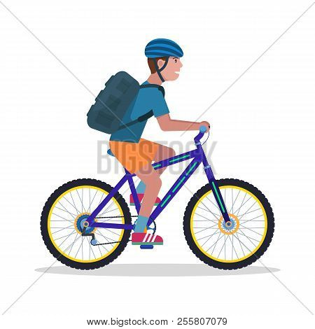 Vector Illustration Of A Young Guy With A Backpack And Wearing A Helmet Rides A Mountain Bike. Isola