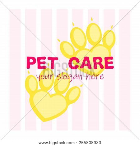 Pet Paws With Slogan Pet Care .paw As Heart. Pet Spa, Psyhology, Or Hospital And Veterinary Logotype