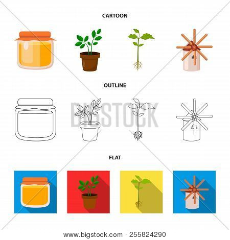 Honey Bank, Plant, Mill.farm Set Collection Icons In Cartoon, Outline, Flat Style Vector Symbol Stoc
