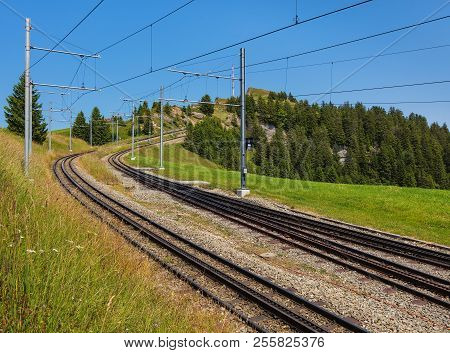Rack Railway On Mt. Rigi In Switzerland In Summer. Mt. Rigi Is A Popular Tourist Destination, Access