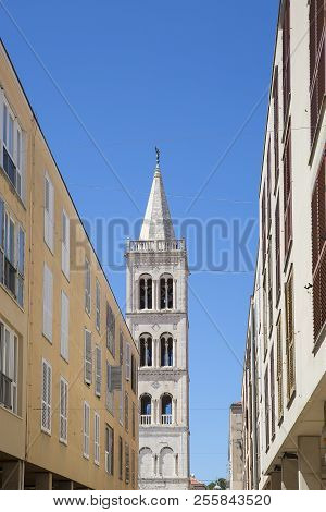 Street With In The Background The Bell Tower Of St. Donatus Church, Zadar, Croatia