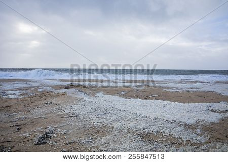 Beach With Sea Foam Before The Storm Carmen Hits The Coast Of La Faute Sur Mer, Vendee, France