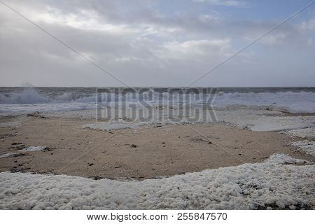 Beach With Sea Foam Before The Storm Carmen Hits The Coast Of La Faute Sur Mer, Vendee, France
