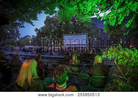 Amsterdam, The Netherlands - August 11 2018: Open Air Screening Of Cuban Film Sergio And Serguei At