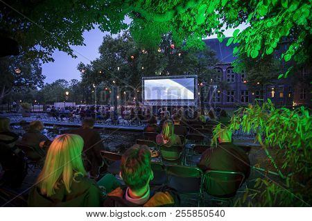 Amsterdam, The Netherlands - August 11 2018: Open Air Screening Of Cuban Film Sergio And Serguei At