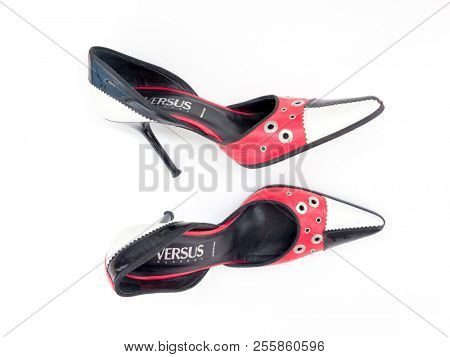 GOMEL, BELARUS - AUGUST 16, 2018: Versus (Versace) women's shoes. Versus (Versace) is the diffusion line of Italian luxury fashion house Versace.