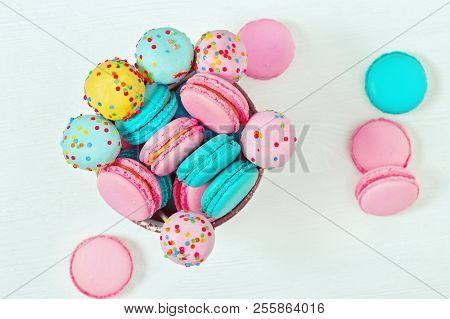 Multicolored Macaroons And Cake Pops Close Up. Sweet Dessert For Party. Bright Sweet Dessert For Par