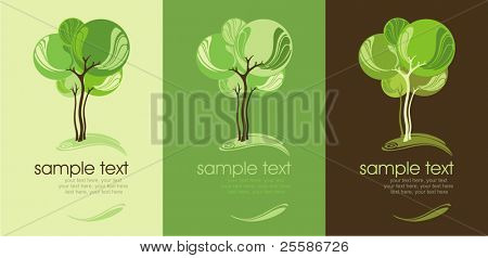 Tre varianti di carte con alberi stilizzati e testo