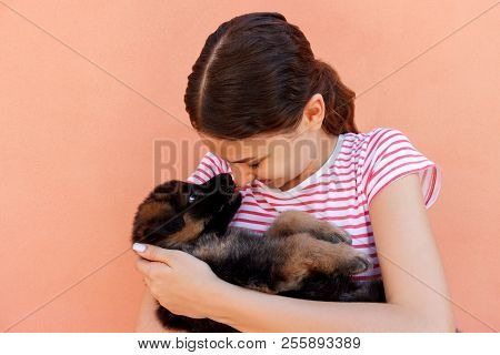 Portrait Of A Cheerful Woman Holding And Looking At An Adorable Small Puppy.