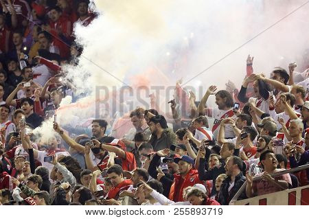 Buenos Aires, Argentina - August 29,2018: River Plate Fans With Smoke Flares Before The Match Agains
