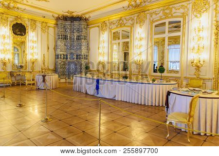 Pushkin, Saint Petersburg, Russia - January 8, 2018: Chevalier Dining Room In Catherine Palace In Ts