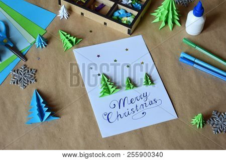 Making Greeting Card With Origami 3D Xmas Tree From Paper. Merry Christmas And Happy New Year Decora