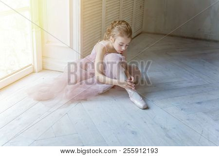 Young Classical Ballet Dancer Girl In Dance Class. Beautiful Graceful Ballerine In Pink Tutu Skirt P