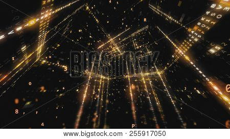 Rotating Cube With Hexadecimal Machine Code Abstract Technological Background 3D Illustration