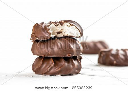 Dark Chocolate-coated Zefir View Isolated On White Background Food Dessert