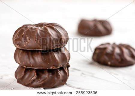 Dark Chocolate-coated Zefir View Isolated On White Background Food Dessert