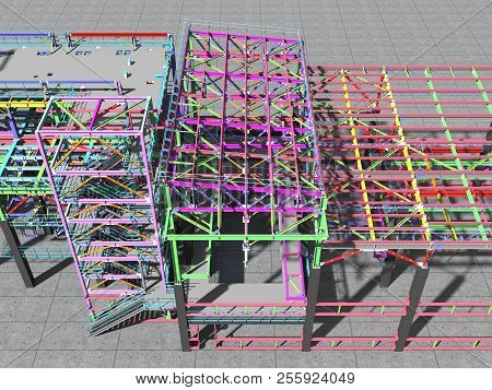 3D Rendering. Bim Model Of A Building Made Of Metal Construction, Metal Structure. 3D Architectural,