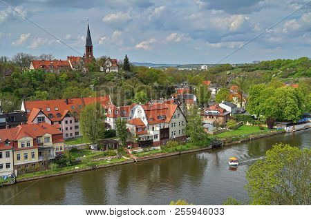 View Over River Saale And Parts Of Halle, Saxony. Germany