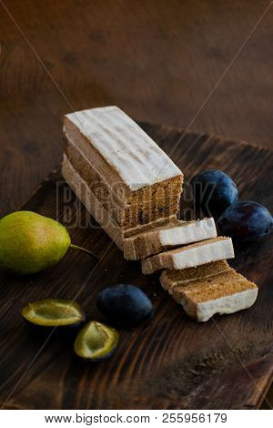 Fruit Leather Of Plums And Pears. Russian Pastila. Healthy Raw Vegan Snack. Fruit Plum Strudel Cake.