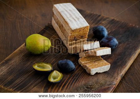 Fruit Leather Of Plums And Pears. Russian Pastila. Healthy Raw Vegan Snack. Fruit Plum Strudel Cake.