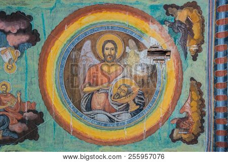 Cheia, Romania - August 15, 2018: Close Up Of Old Deteriorated Fresco At Cheia Monastery In Cheia, P