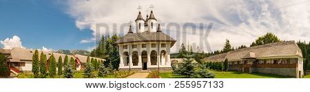 Cheia, Romania - August 15, 2018: Panorama Of Courtyard At Cheia Monastery In Cheia, Prahova, Romani