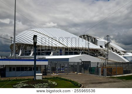 Sochi, Russia - June 2. 2018. Football Stadium Fisht In Olympic Park On Cloudy Day