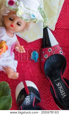 GOMEL, BELARUS - AUGUST 16, 2018: Versus (Versace) women's shoes. Versus (Versace) is the diffusion line of Italian luxury fashion house Versace.