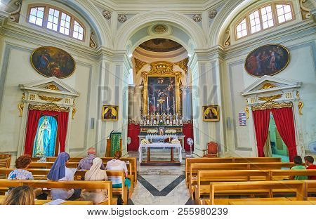 Valletta, Malta - June 17, 2018: The Prayer Hall Of St Catherine Of Alexandria (of Italy) Church, Wi