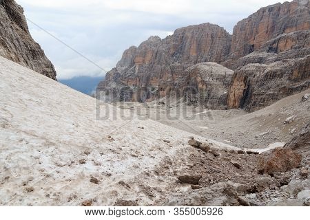 Alpine Hut Rifugio Alimonta And Mountain Alps Panorama In Brenta Dolomites, Italy