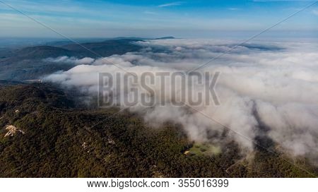 Aerial View From Drone Of Forest And Clouds