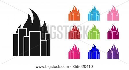 Black Fire In Burning Buildings On City Street Icon Isolated On White Background. Destroyed City On 