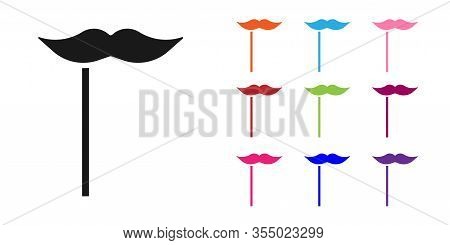 Black Paper Mustache On Stick Icon Isolated On White Background. Concept With Cardboard Carnival Mas