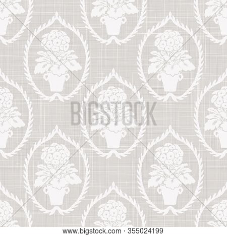 Gray French Linen Texture Background Printed With White Primrose Motif. Natural Ecru Antique Medalli