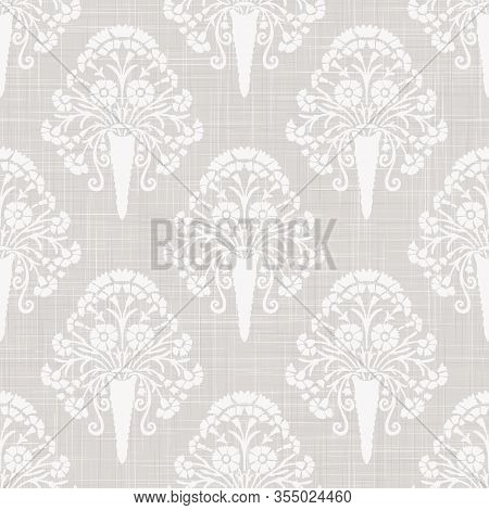 Gray French Linen Texture Background Printed With White Carnation Motif. Natural Ecru Antique Medall