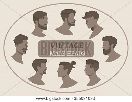 Set Poster Inscription Vintage Male Heads Cartoon. Men Faces Services Salon Or Hairdresser Allow You