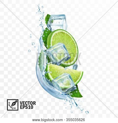 3d Realistic Transparent Vector Vertical Splash Mojito, Ice Cubes, Mint Leaves, Water Splash And Lim