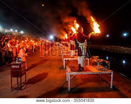 Rishikesh, India - Circa March 2018. Ganga Aarti Ceremony In Rishikesh.