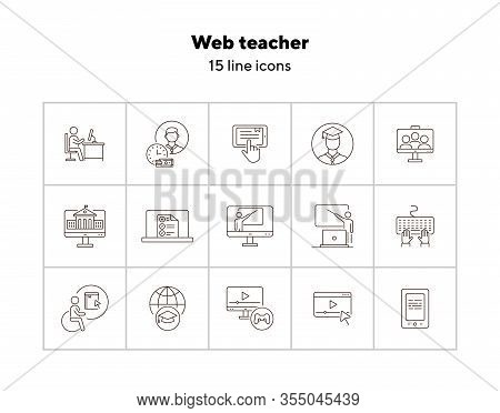 Web Teacher Line Icon Set. Student, Online Class, E-learning. Lesson Concept. Can Be Used For Topics