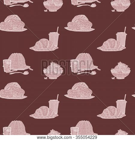 Brown Food Pattern Sketch Doodle Drawings. Vector Stock Image