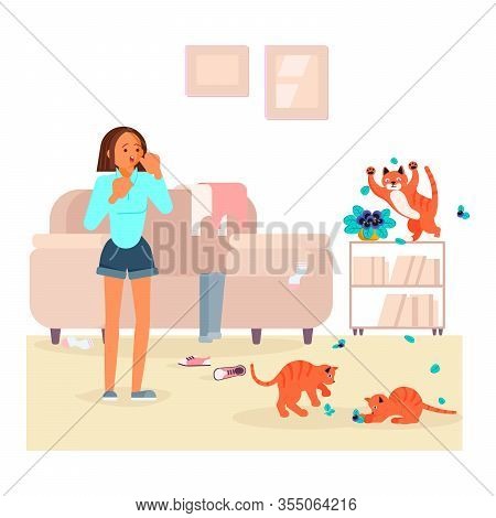 Prankster Cat Dropped A Flower On The Floor And Girl Scolds Him. Happy People With Their Pets, Owner