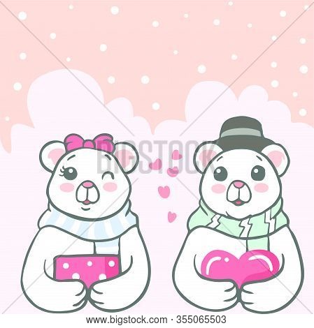 Vector Illustration Of Cute Polar Bear Couple Holding A Heart And Gift Box
