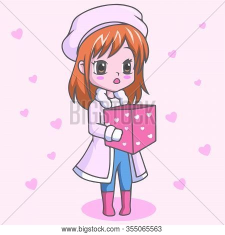 Vector Illustration Of Cute Little Girl Holding Gift Box