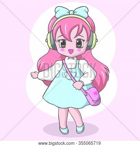 Vector Illustration Of Cute Elementary School Girl With Bag
